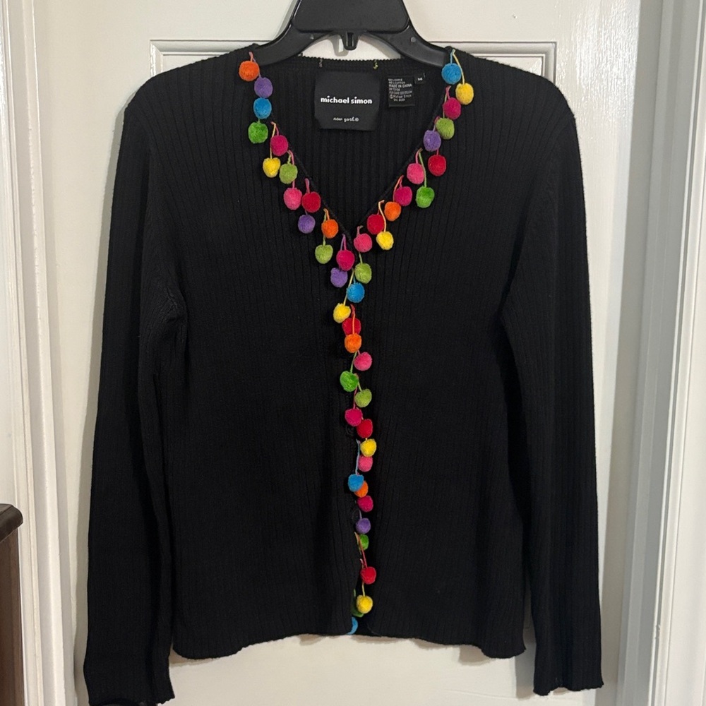 Michael Simon Black Cardigan with Multicolor Pom Poms - medium